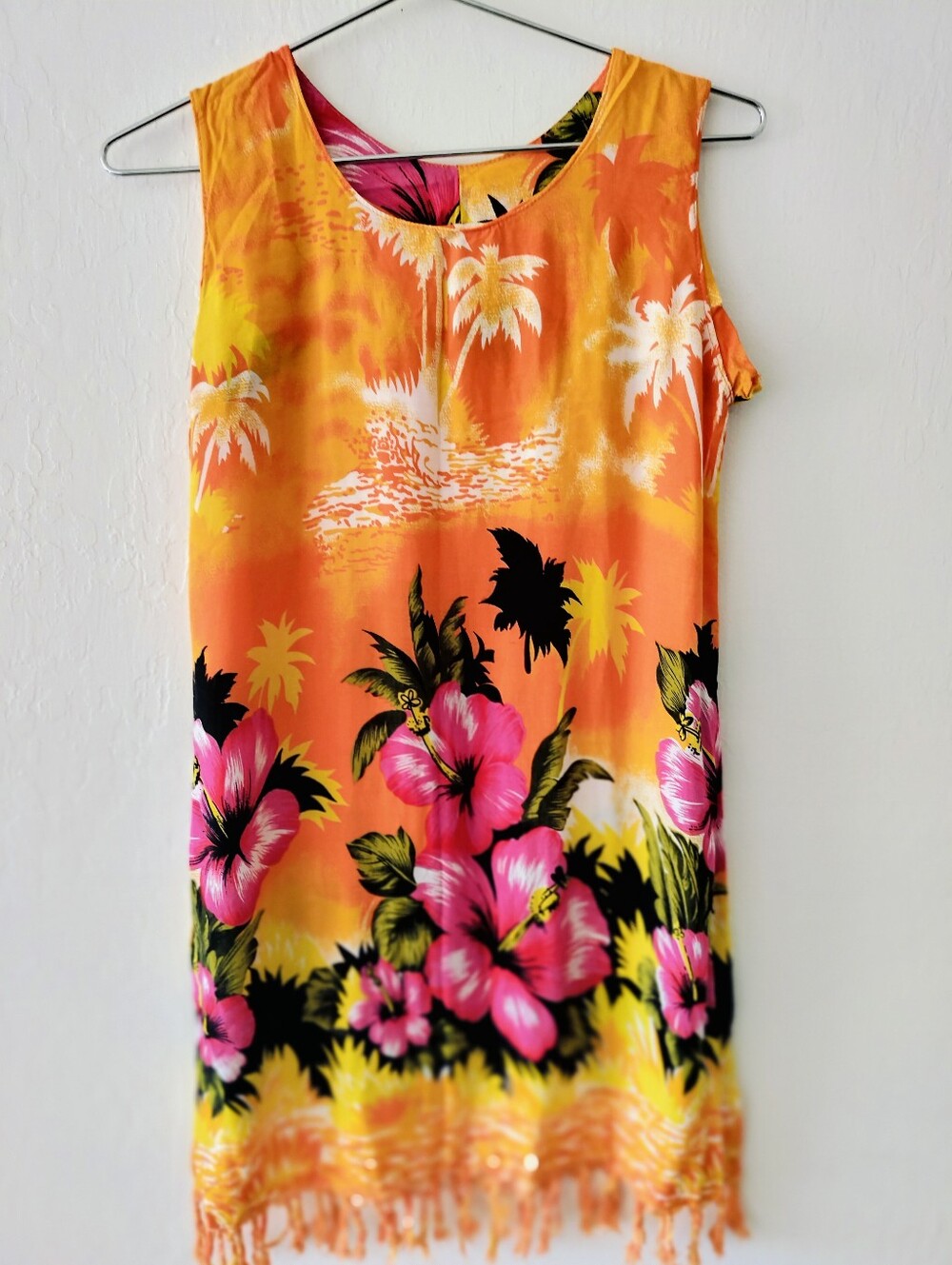 In Gear Tropical Hibiscus Print 100% Rayon Fringe Tank Dress - Size S